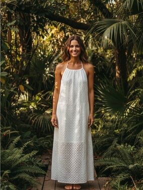 Vitamin A White Eyelet Maxi Dress Cover Up Halter Open Back NWT Boho Resort